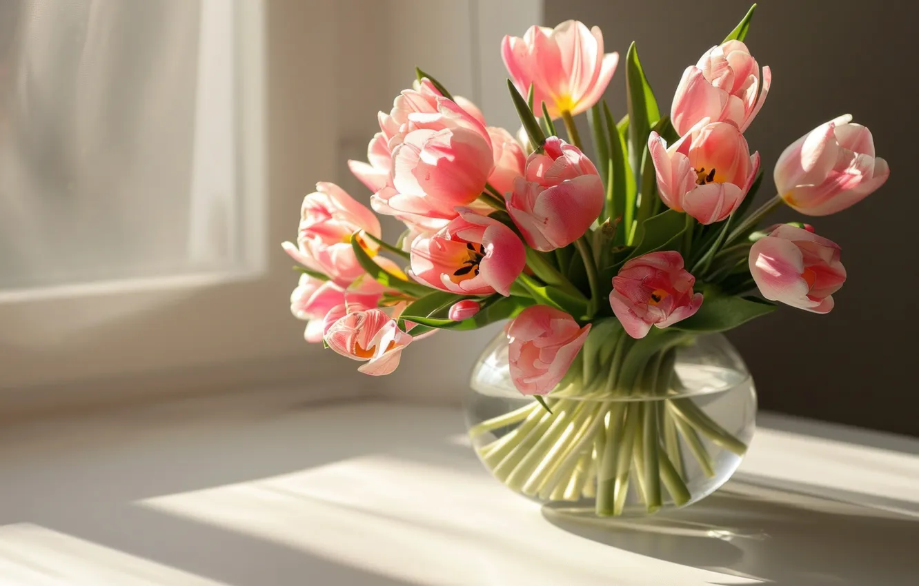 Photo wallpaper flowers, holiday, bouquet, spring, tulips, March 8, AI art, universal holiday background