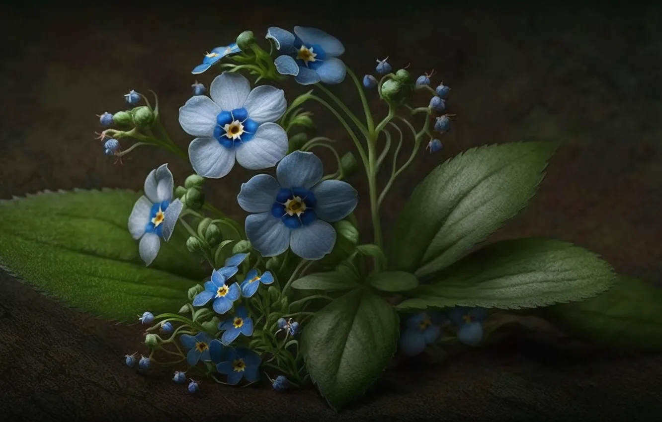 Photo wallpaper leaves, flowers, blue, spring, forget-me-nots, AI art, neural network
