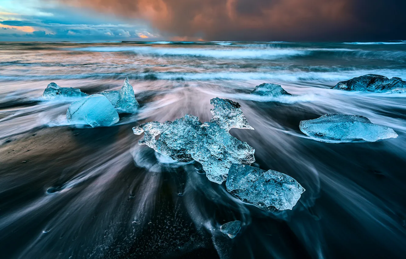 Photo wallpaper winter, beach, the sky, clouds, ice, excerpt, Iceland, December