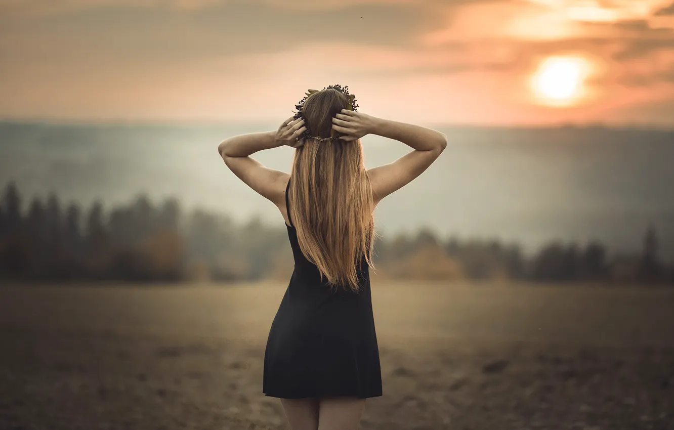 Photo wallpaper girl, sunset, hair, back, figure, dress, Jiri Tulach