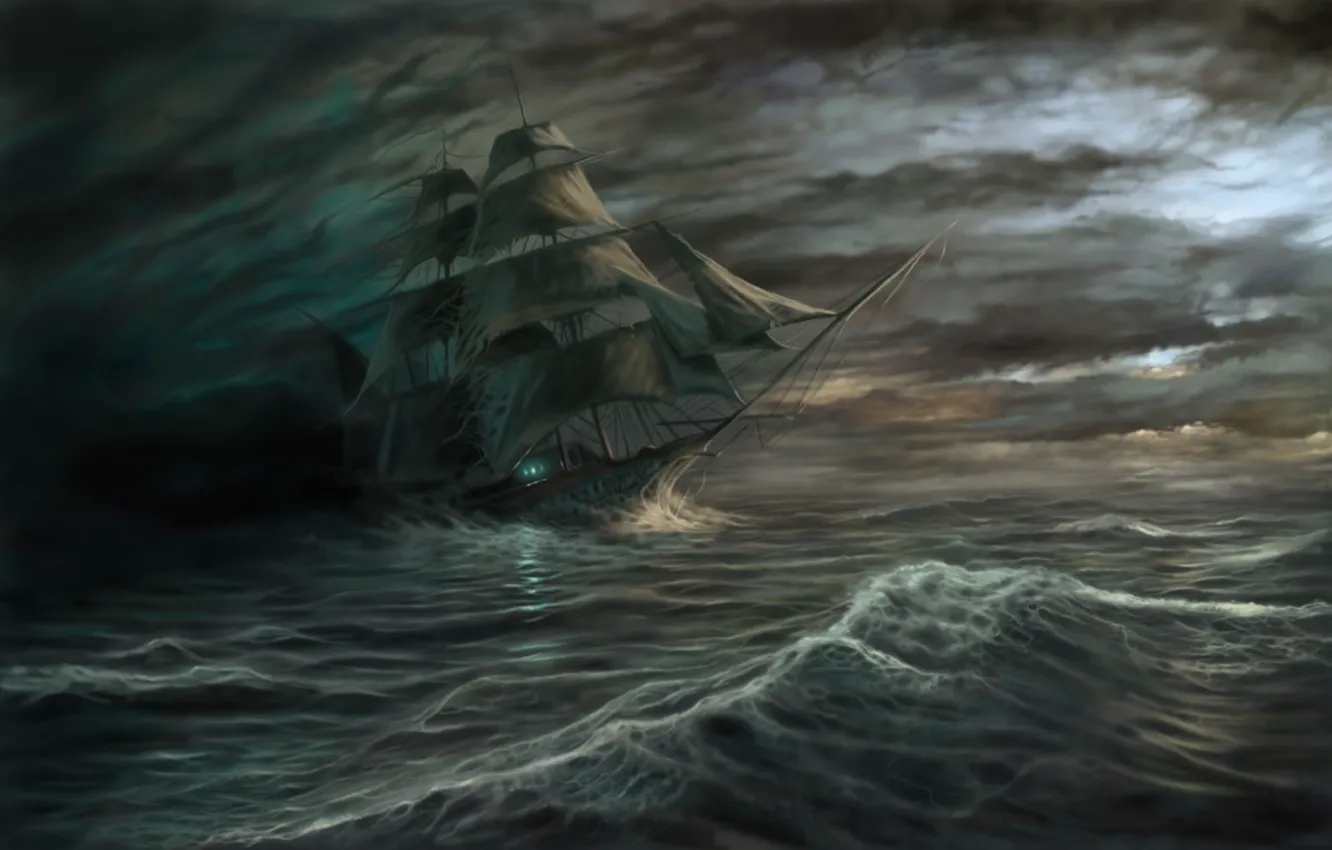 Photo wallpaper sea, wave, clouds, storm, ship, Ghost