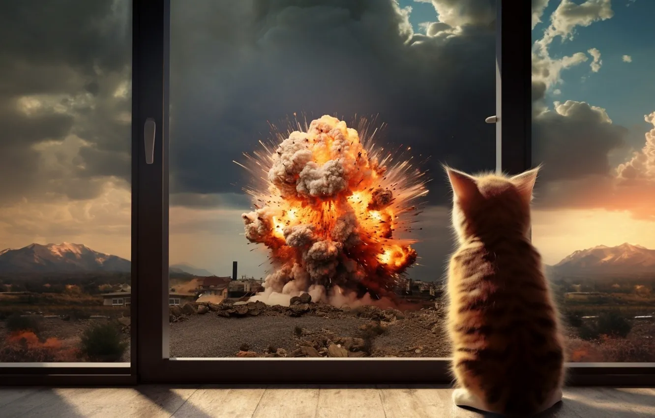Photo wallpaper the sky, clouds, the explosion, fragments, lights, window, heat, kitty