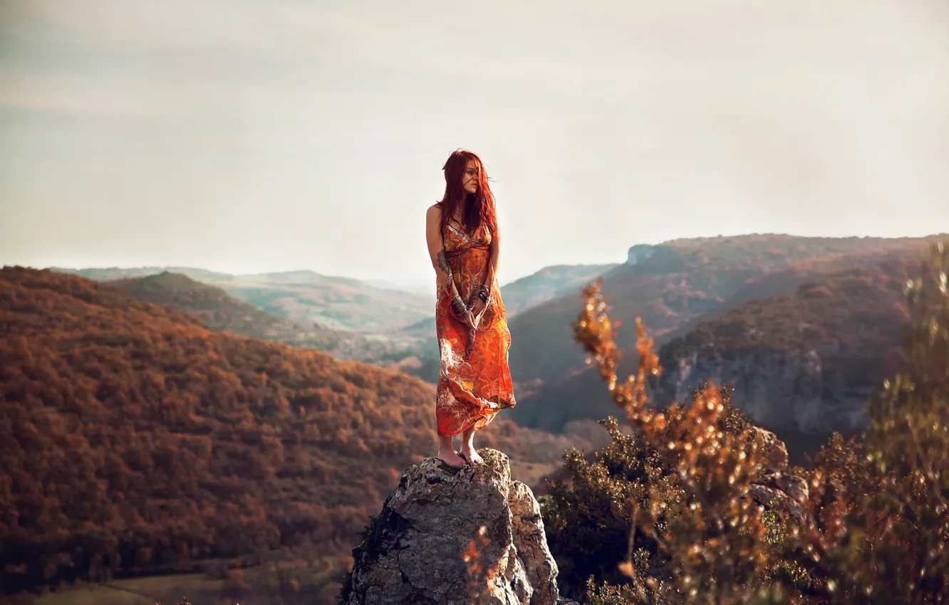 Photo wallpaper girl, landscape, stone, view, height, Lorene