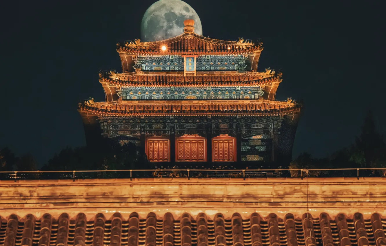 Photo wallpaper the moon, Asia, roof, temple