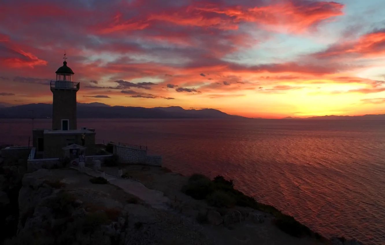 Photo wallpaper sea, the sky, clouds, sunset, clouds, rock, dark, lighthouse