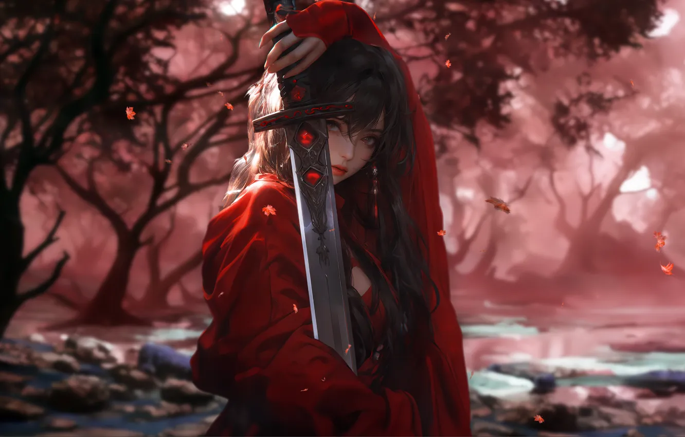 Photo wallpaper girl, sword, fantasy, trees, brunette, digital art, artwork, warrior