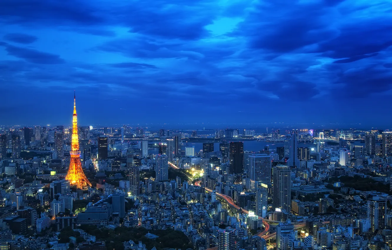 Photo wallpaper the sky, clouds, night, lights, tower
