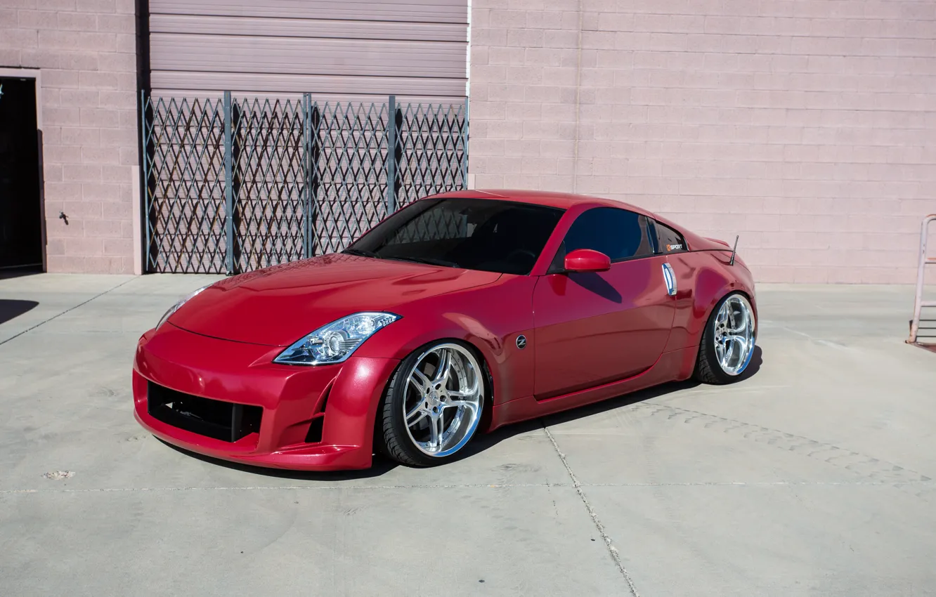 Photo wallpaper nissan, red, wheels, 350, hrom