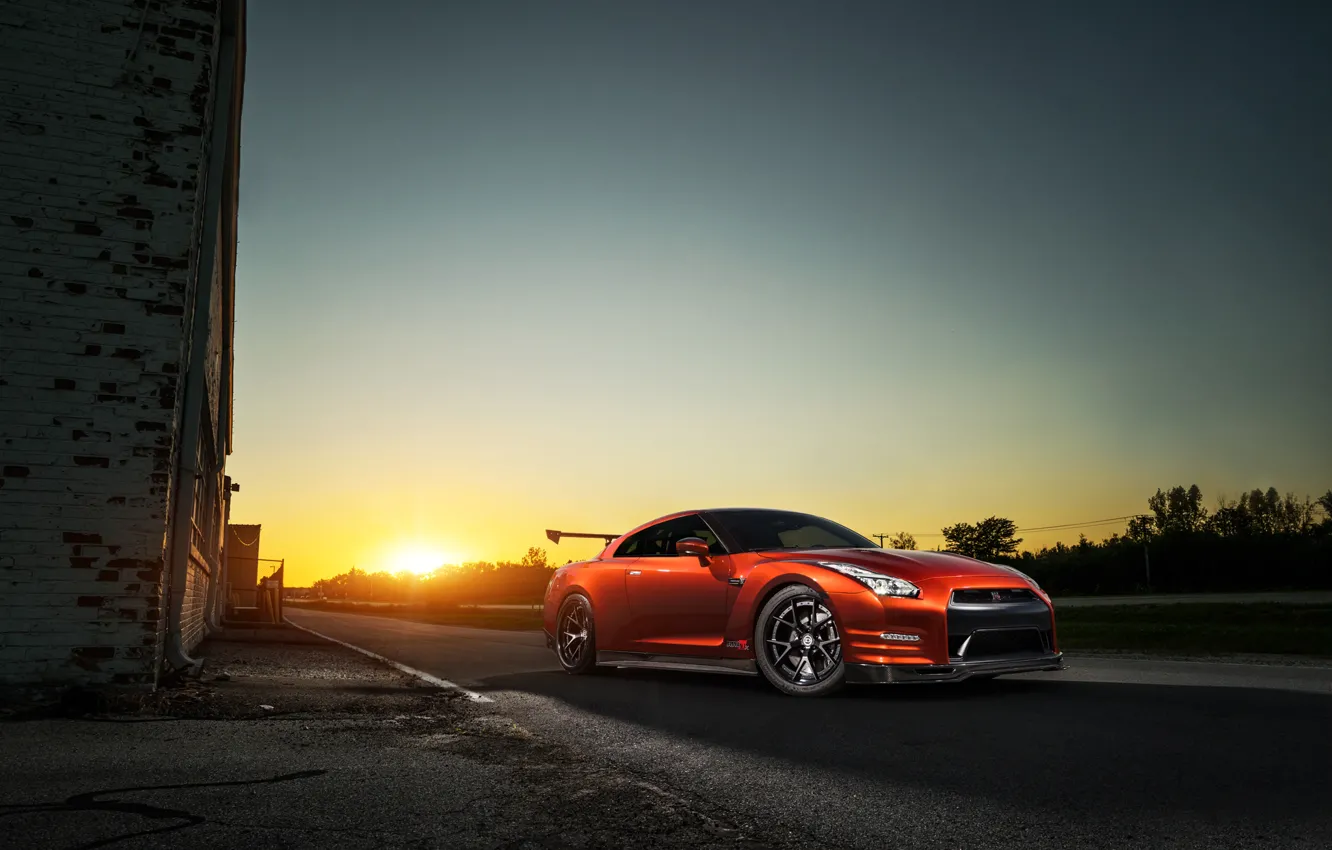 Photo wallpaper GTR, Orange, Nissan, Front, Sun, AMS, Performance, Widebody