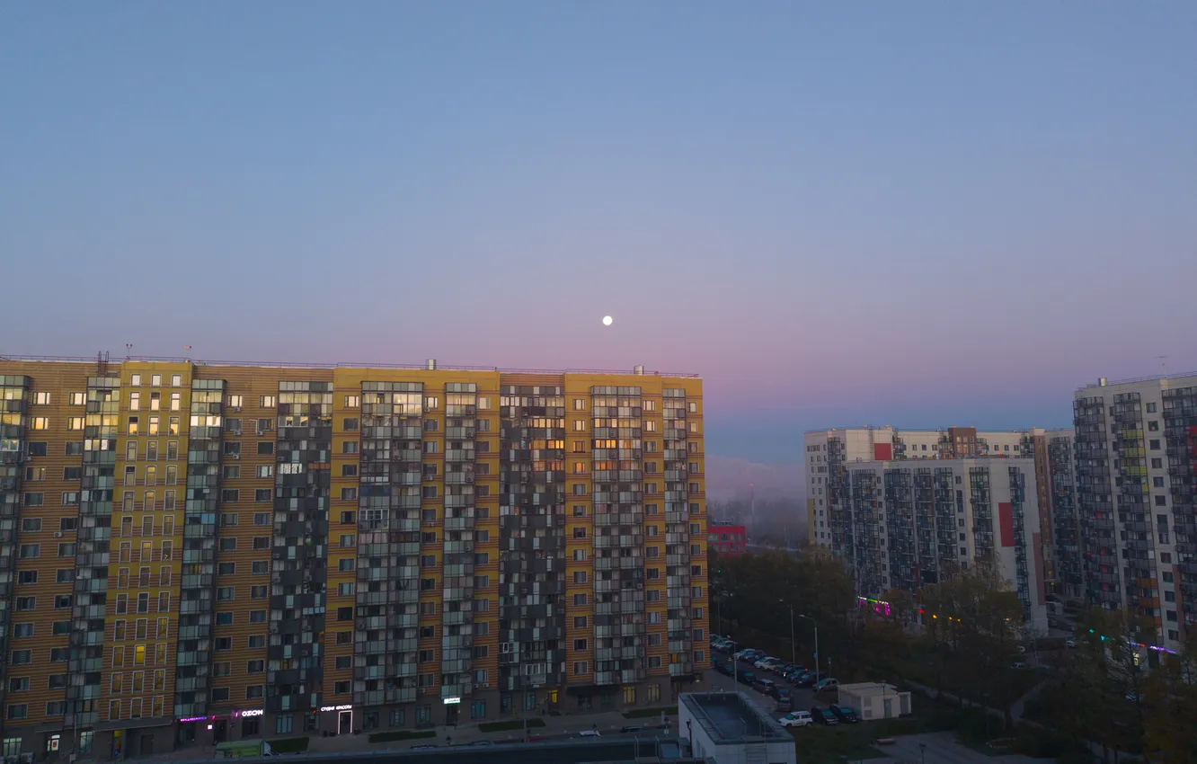 Photo wallpaper autumn, the sky, the city, the moon, building, home, October, Moscow