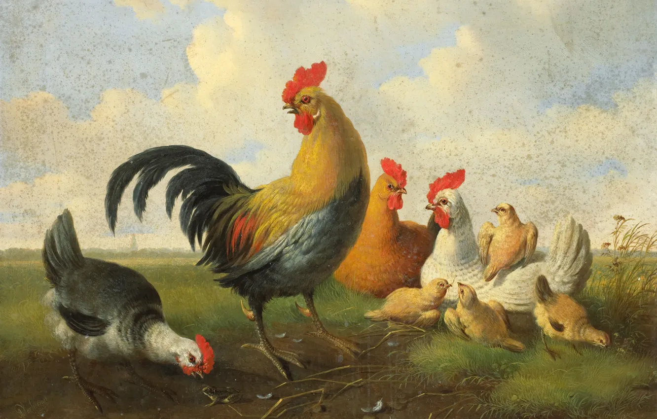 Photo wallpaper birds, oil, picture, canvas, 1855, Rooster with Hens and Chickens, Albertus Verhoesen