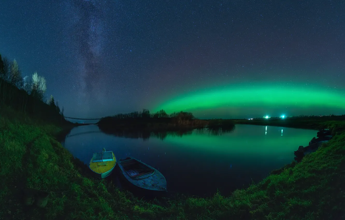 Photo wallpaper stars, landscape, night, nature, river, boat, Northern lights, the milky way