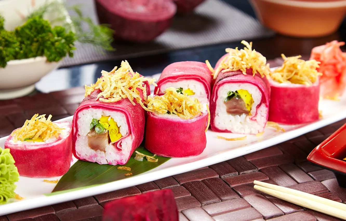 Photo wallpaper sushi, rolls, wasabi, filling, beets, vegetarian