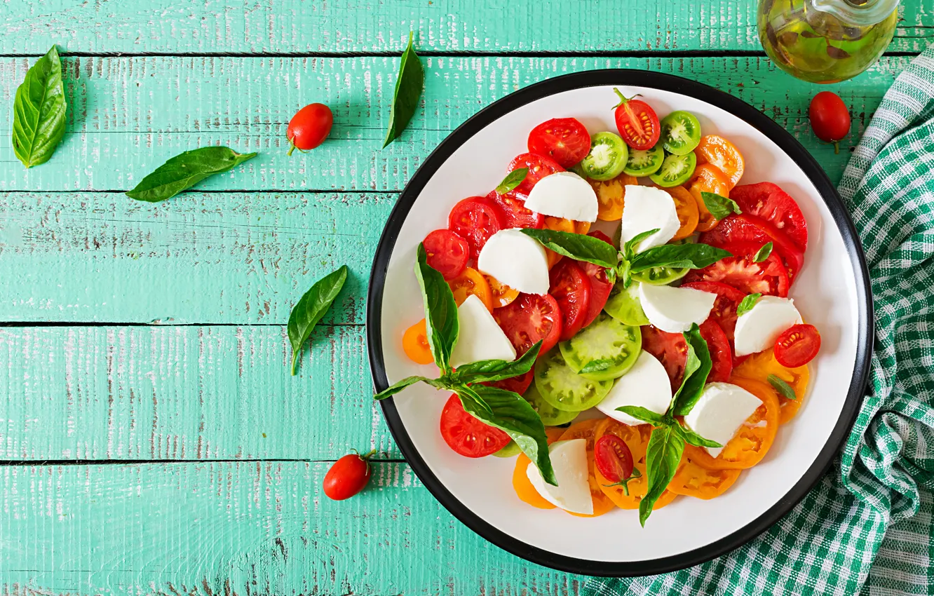 Photo wallpaper cheese, plate, tomatoes, salad, appetizer, Basil, mozzarella
