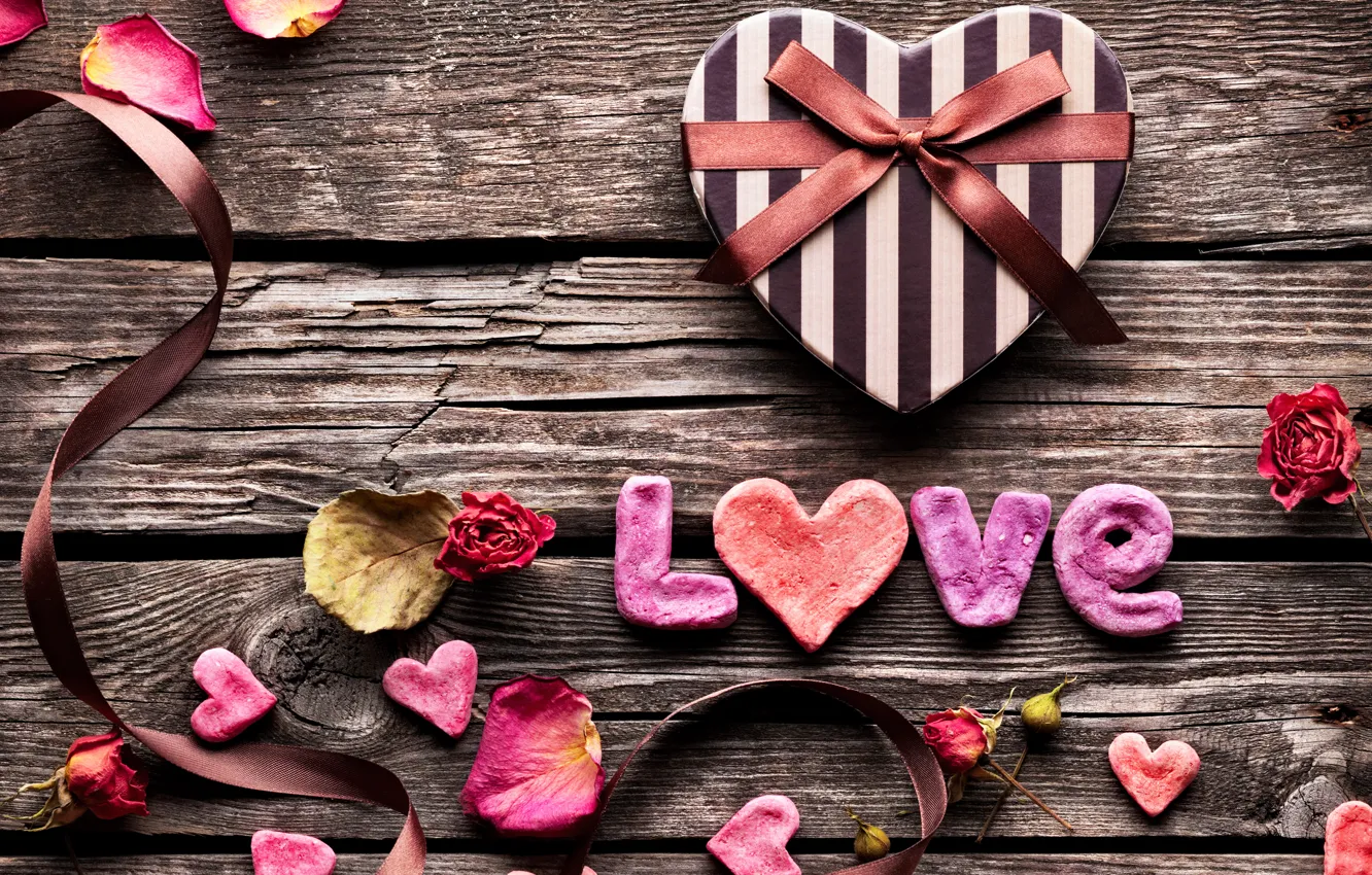 Photo wallpaper love, box, gift, romance, heart, petals, tape, Board