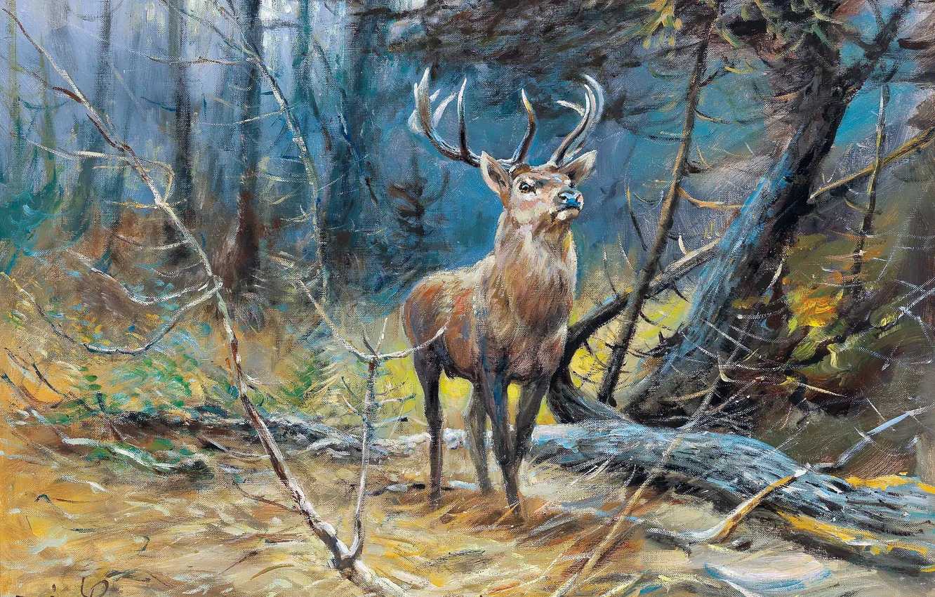 Photo wallpaper Trees, Picture, Deer, Horns, German artist, Wilhelm Lorenz, Wilhelm Lorenz, King of the Forest