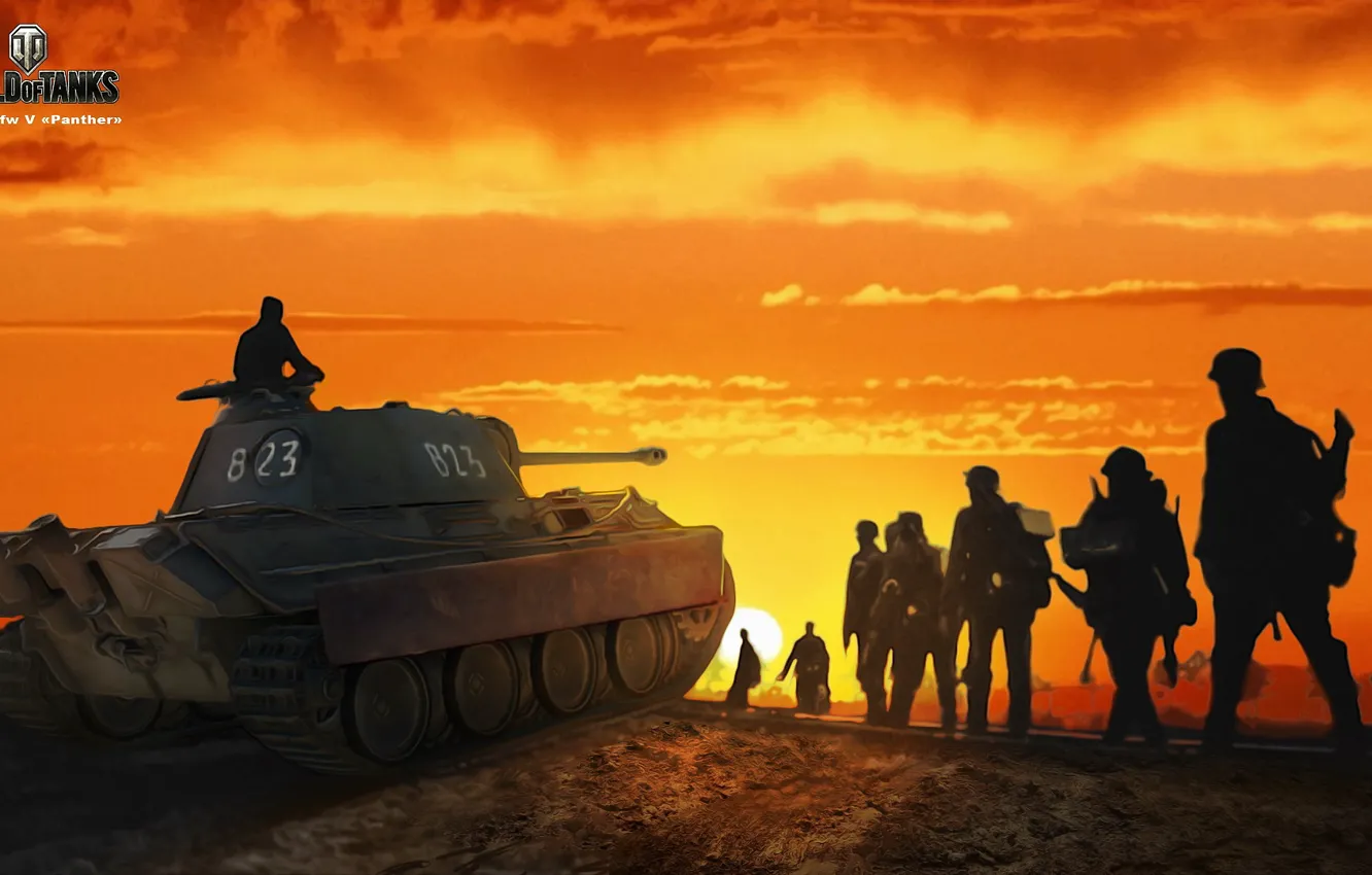 Photo wallpaper the sky, the sun, figure, art, Panther, soldiers, tank, glow