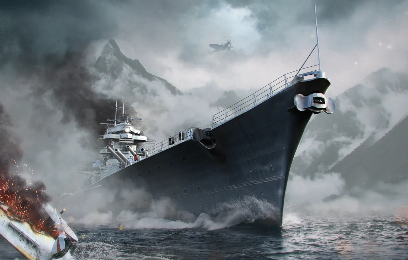 Photo wallpaper Water, Sea, Mountains, Fog, Wave, Ship, Battleship, Bismarck