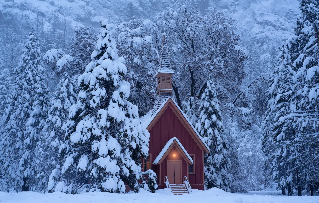 Photo wallpaper winter, forest, snow, trees, ate, CA, chapel, California