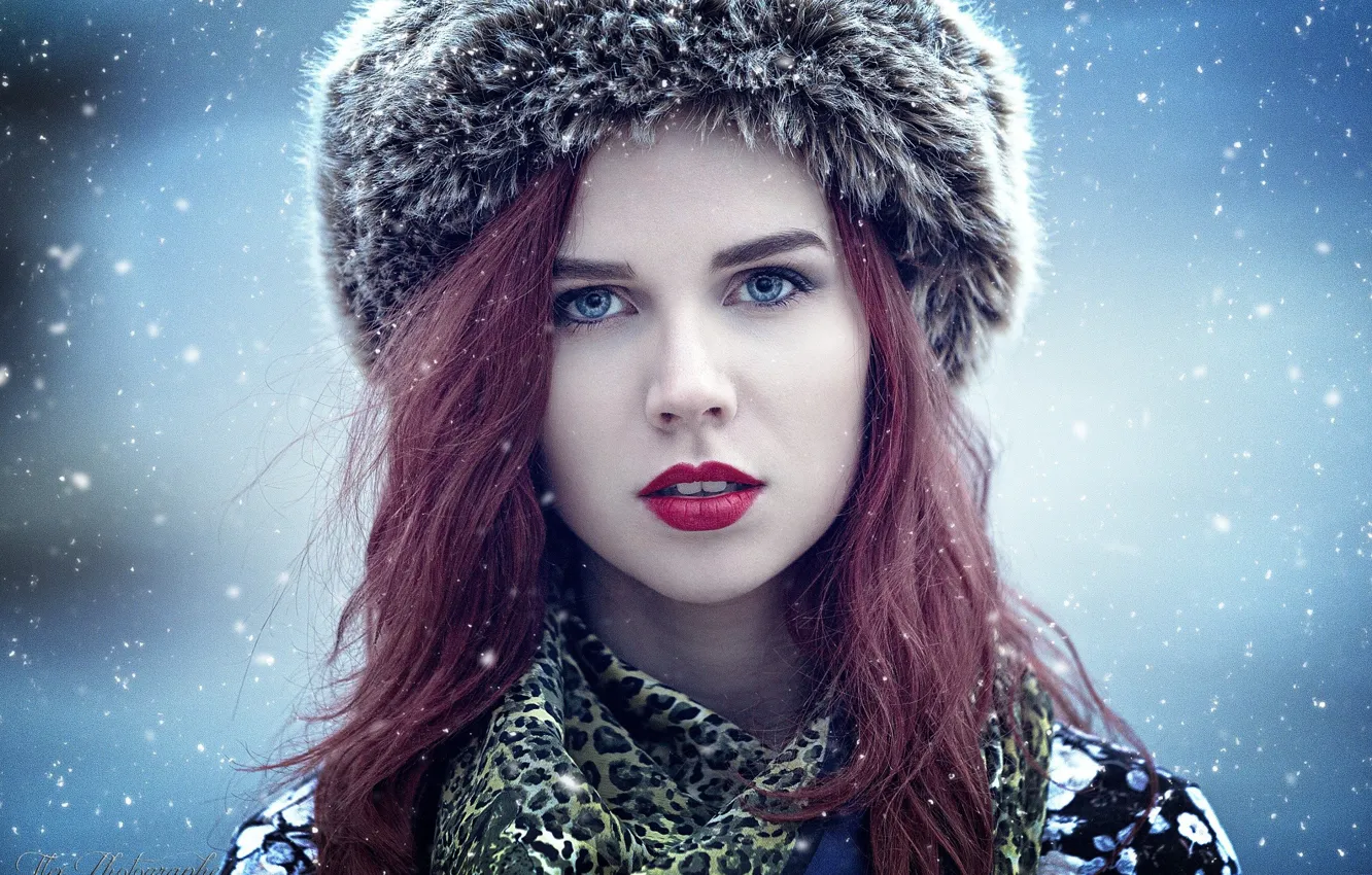Photo wallpaper winter, look, girl, snow, snowflakes, close-up, background, model