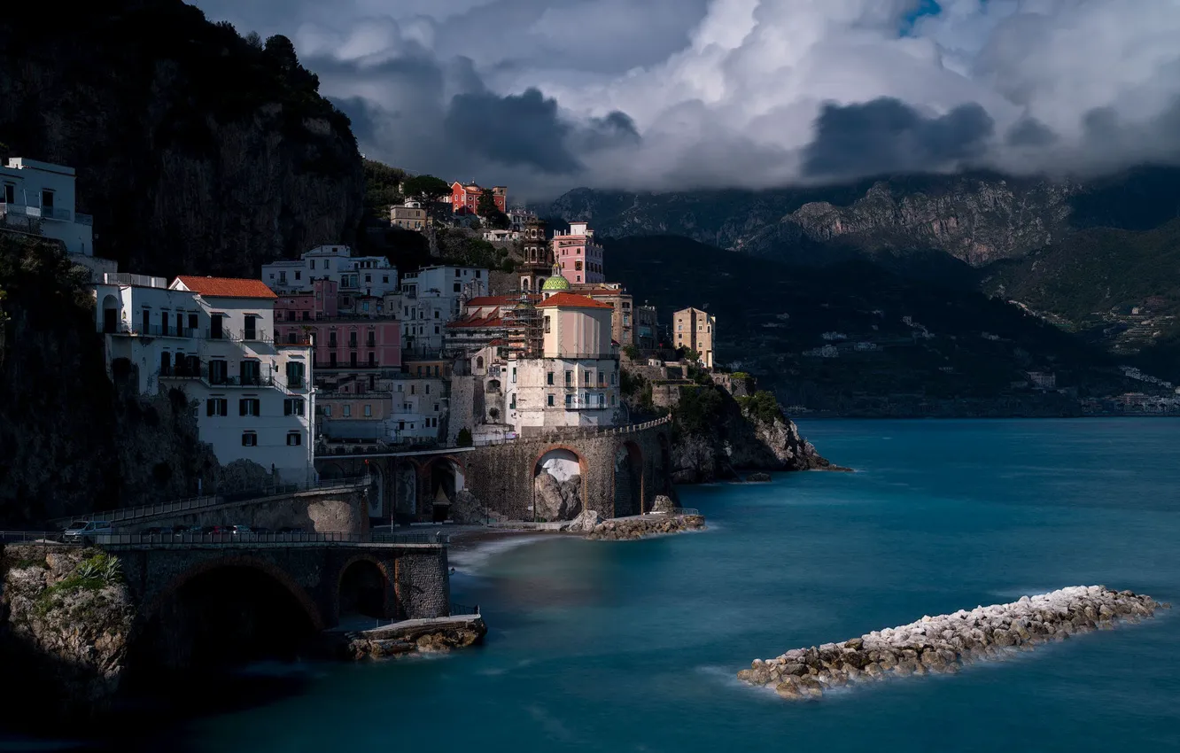 Photo wallpaper Amalfi Coast, Amalfi coast, clouds, Italy, mountains, home, the city, sea, Atrani, rocks, Atrani, Amalfi