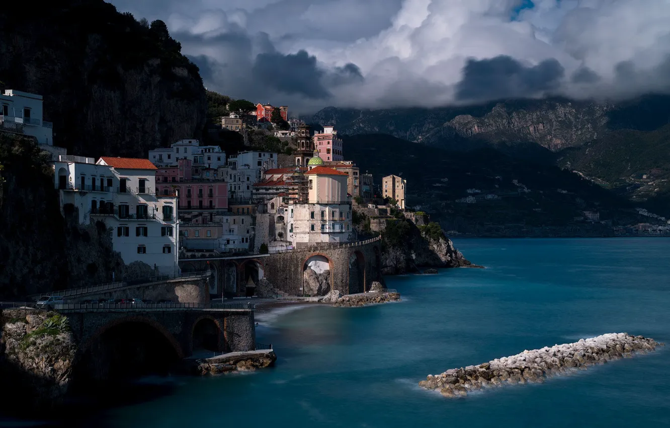 Photo wallpaper sea, mountains, clouds, the city, rocks, home, Italy, Amalfi