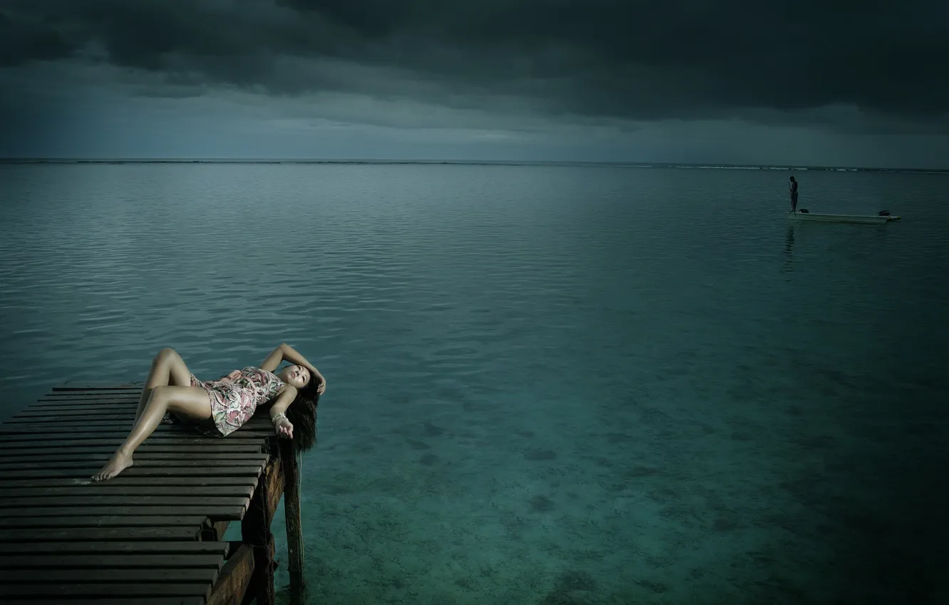 Photo wallpaper sea, girl, Asian