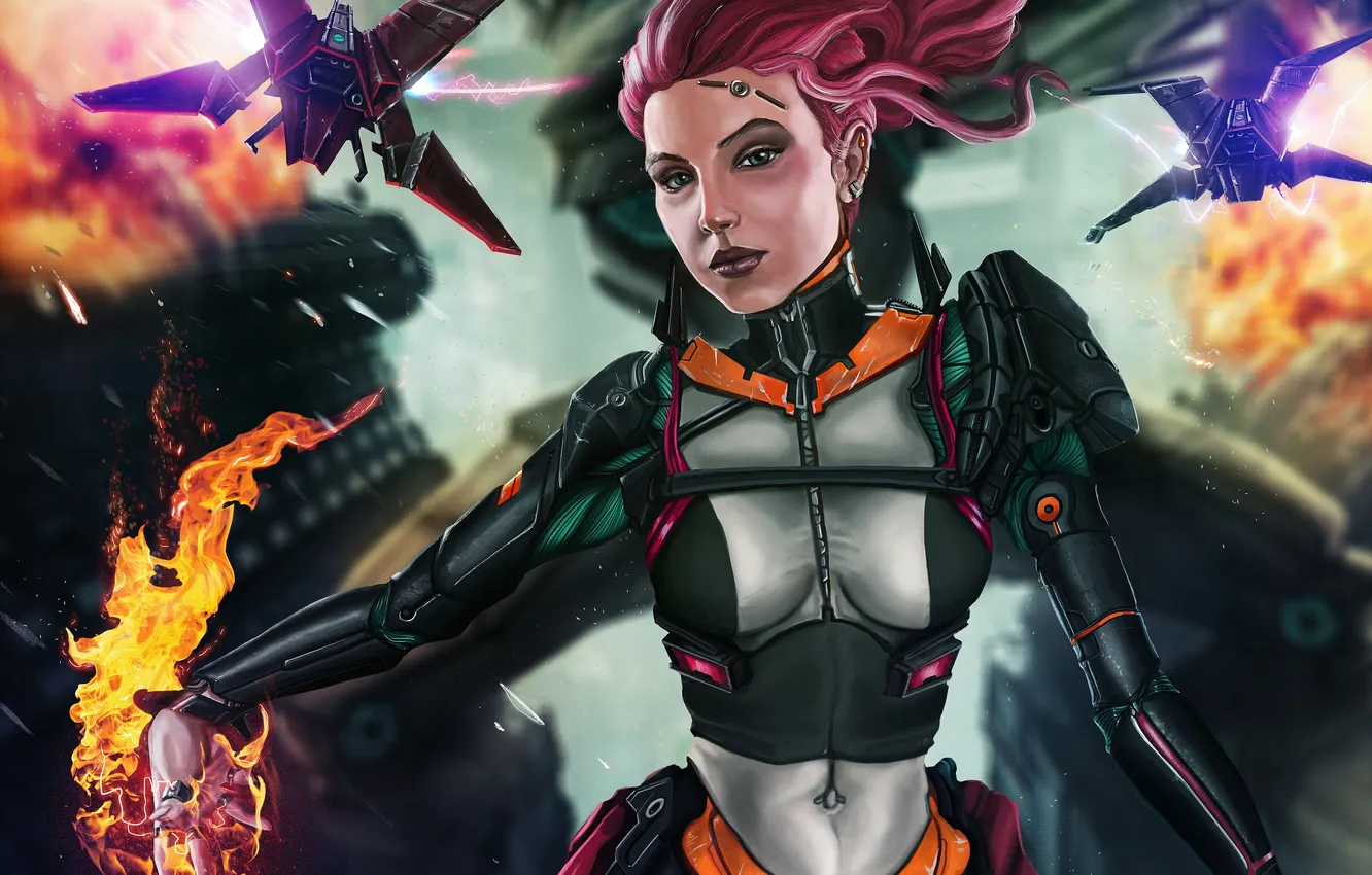 Photo wallpaper girl, lights, future, ship, shooting