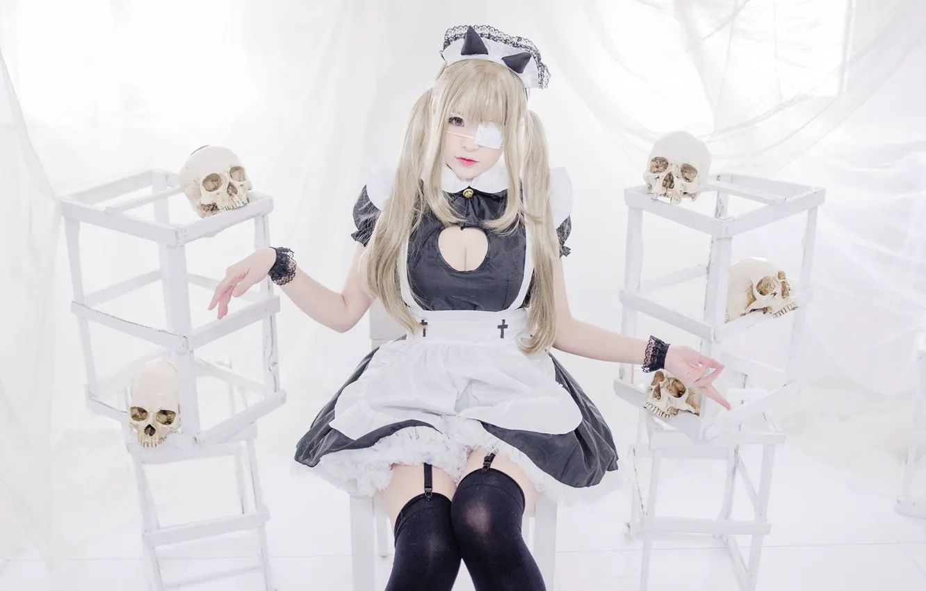 Photo wallpaper girl, skull, costume, form