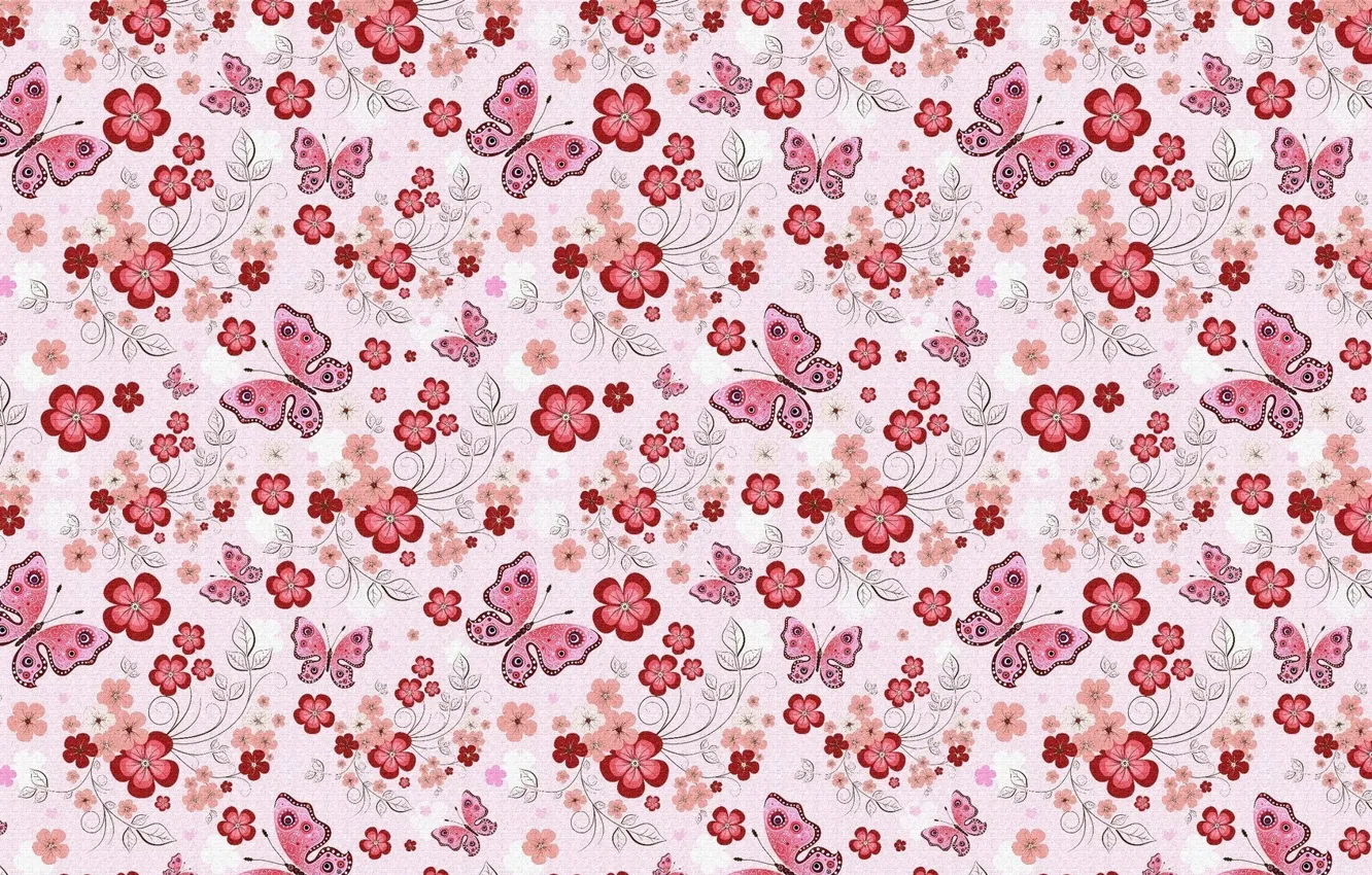 Photo wallpaper flowers, background, pattern, butterfly, texture, art