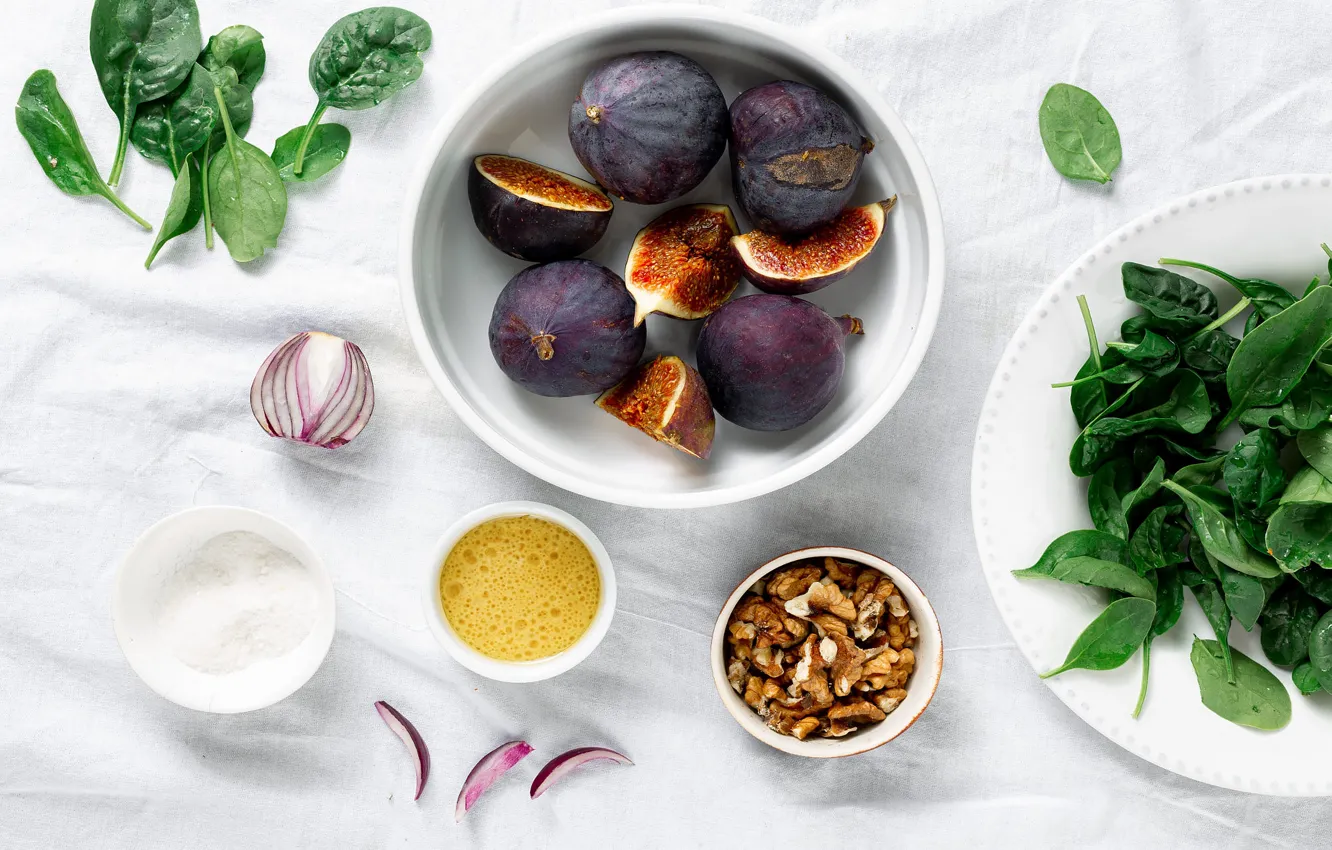 Photo wallpaper greens, leaves, table, bow, plate, white background, bowl, fruit
