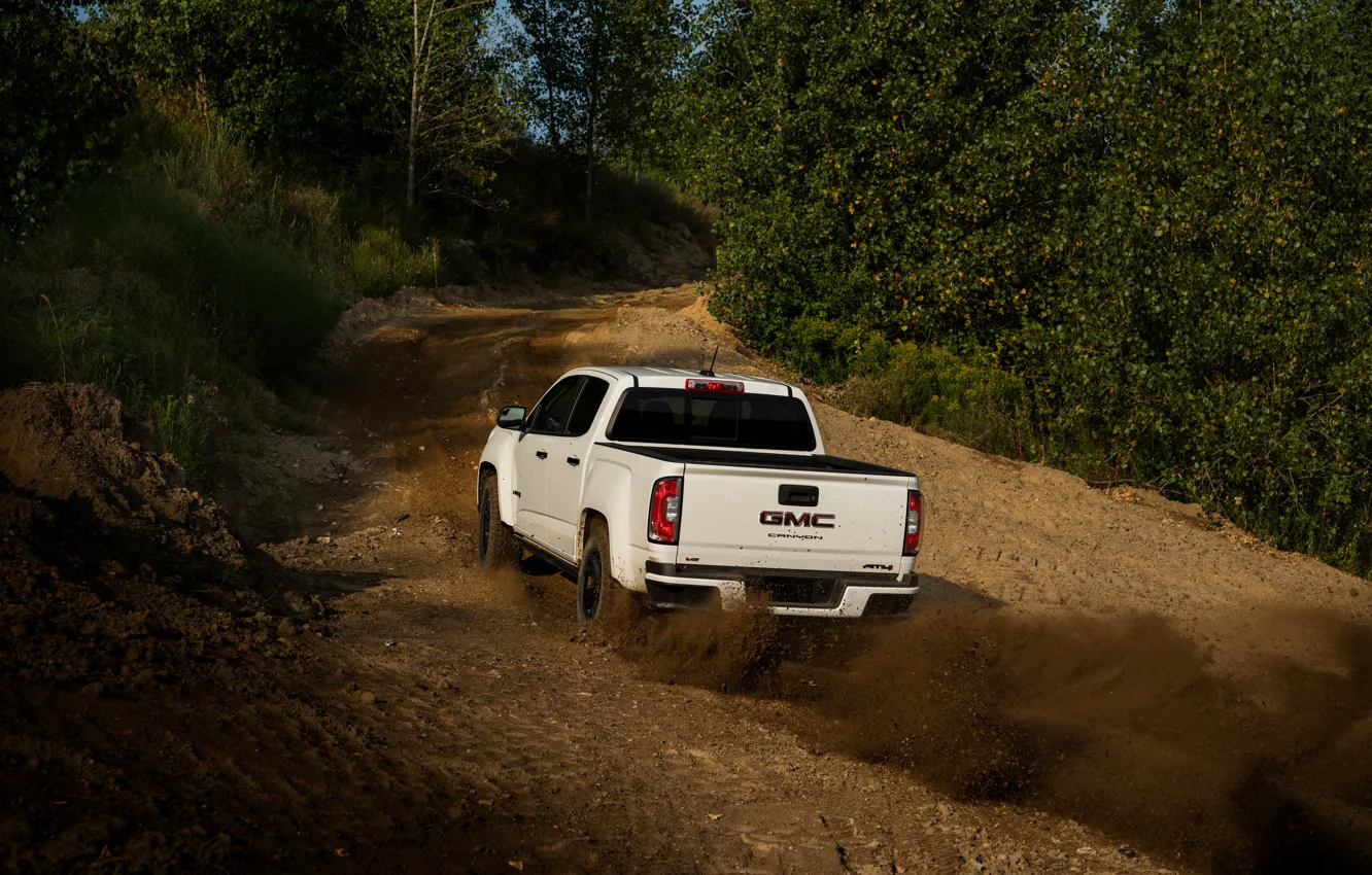 Photo wallpaper road, dust, pickup, the rise, the ground, GMC, Crew Cab, Canyon