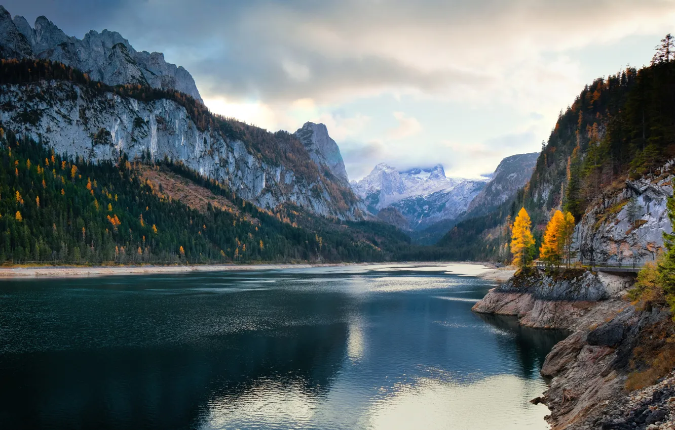 Photo wallpaper autumn, forest, clouds, mountains, rocks, shore, tops, slope