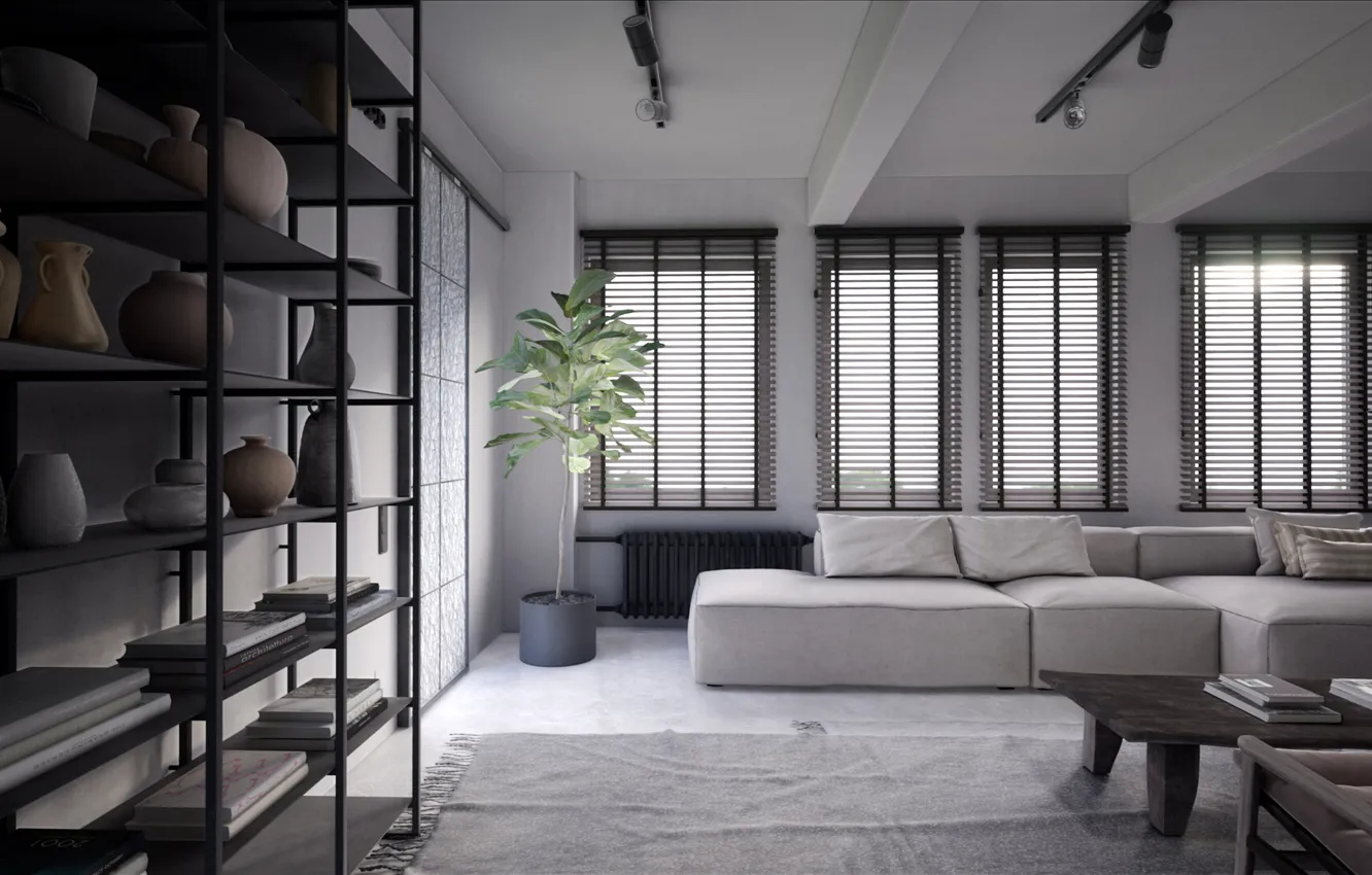 Photo wallpaper room, interior, highres, living room, by Leo Chou, Dark Apartment