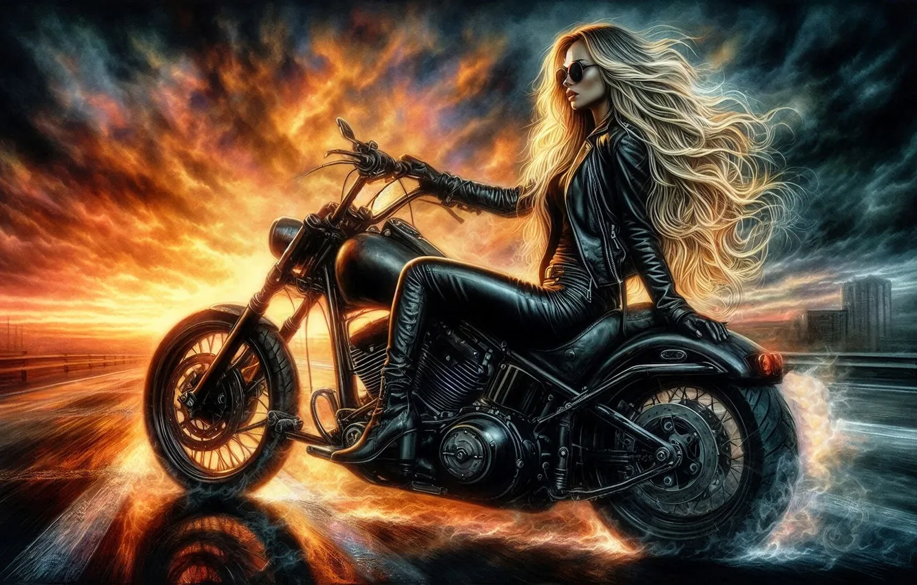 Photo wallpaper girl, sunset, fire, flame, blonde, motorcycle, bike, in black