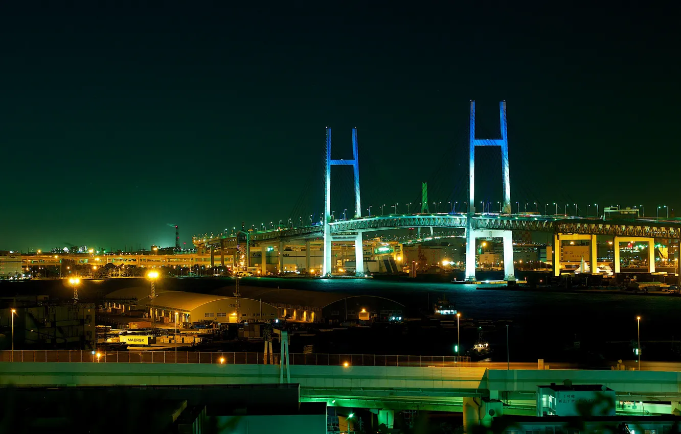 Photo wallpaper night, bridge, lights, home, Japan, Yokohama Bay Bridge, Yokohama
