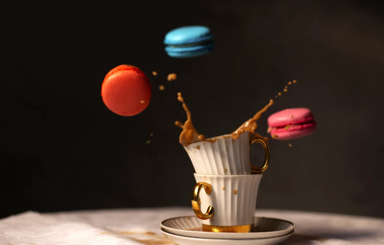 Photo wallpaper coffee, splash, cookies, macaron