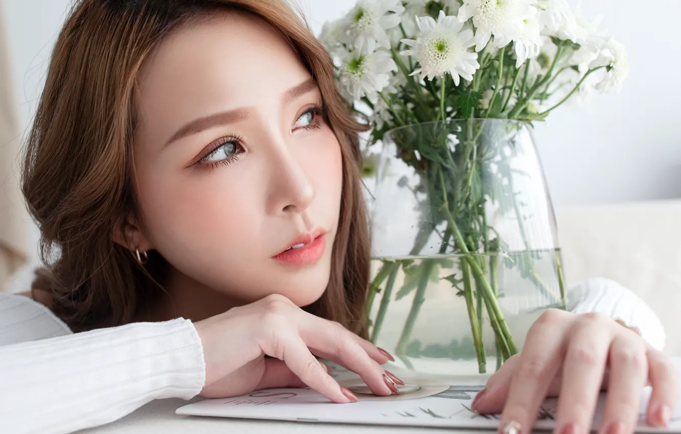 Photo wallpaper flowers, pose, model, portrait, makeup, hairstyle, vase, brown hair
