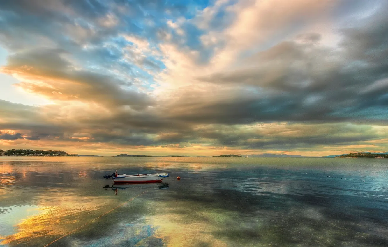 Photo wallpaper sea, water, the sun, clouds, sunrise, boat