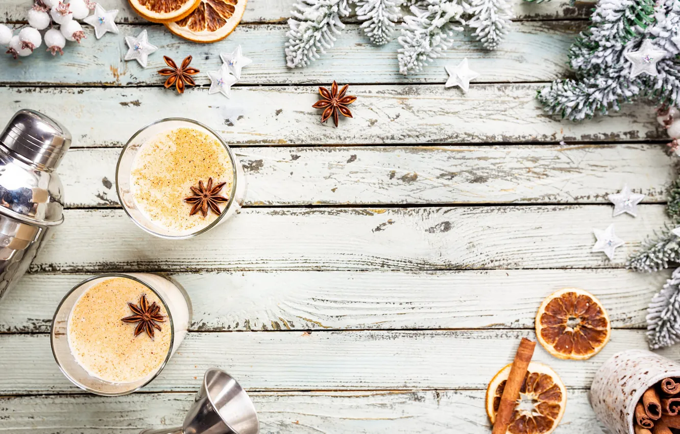 Photo wallpaper branches, glass, Board, new year, coffee, Christmas, spoon, citrus