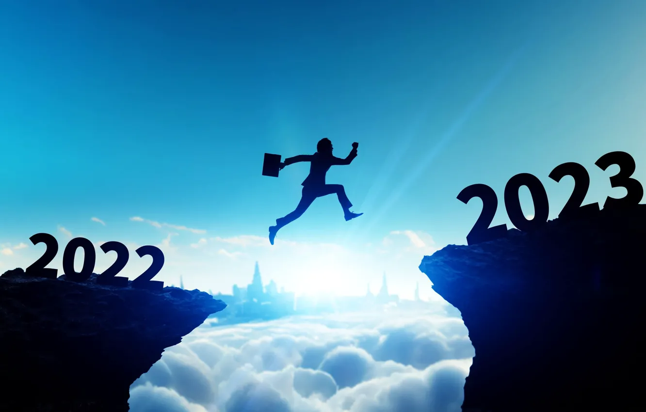 Photo wallpaper The sky, Clouds, Rocks, New Year, Jump, Silhouette, Guy, Symbol