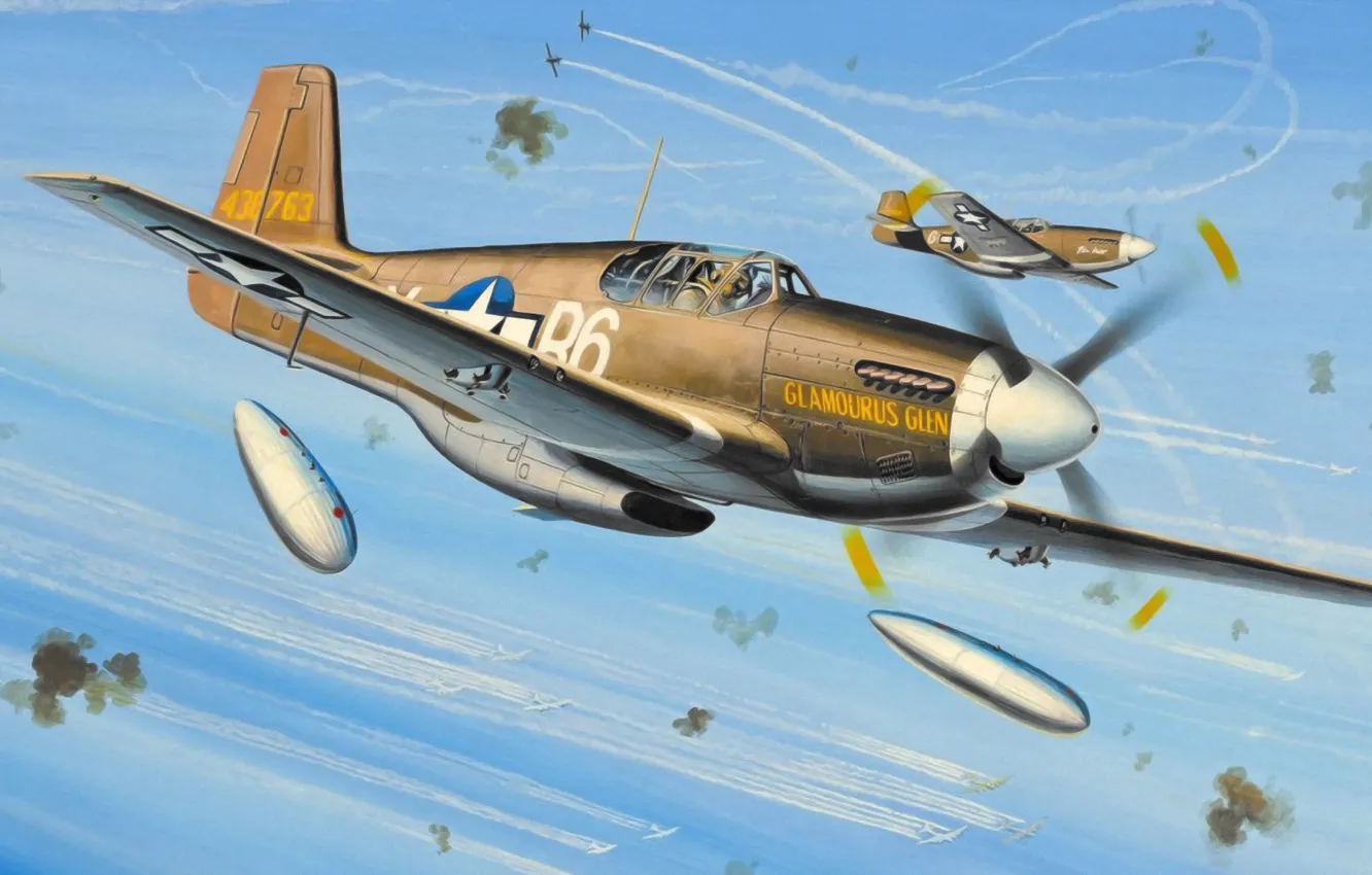 Photo wallpaper war, art, painting, ww2, P-51 Mustang