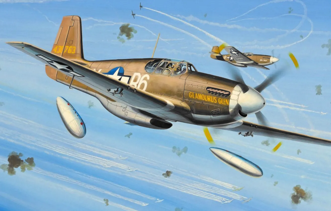 Photo wallpaper war, art, painting, WW2, P-51 Mustang