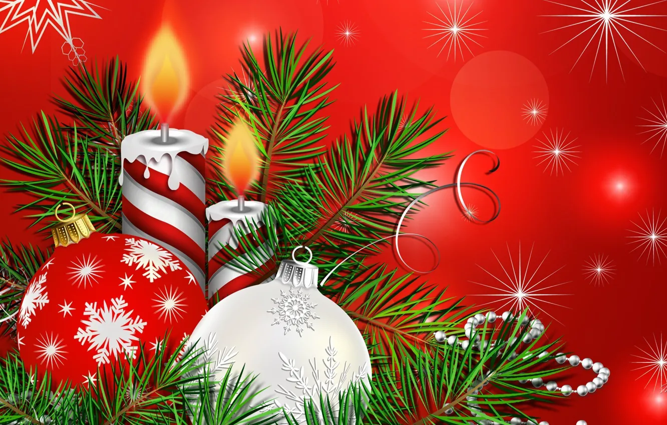 Photo wallpaper balls, holiday, collage, candles, Christmas