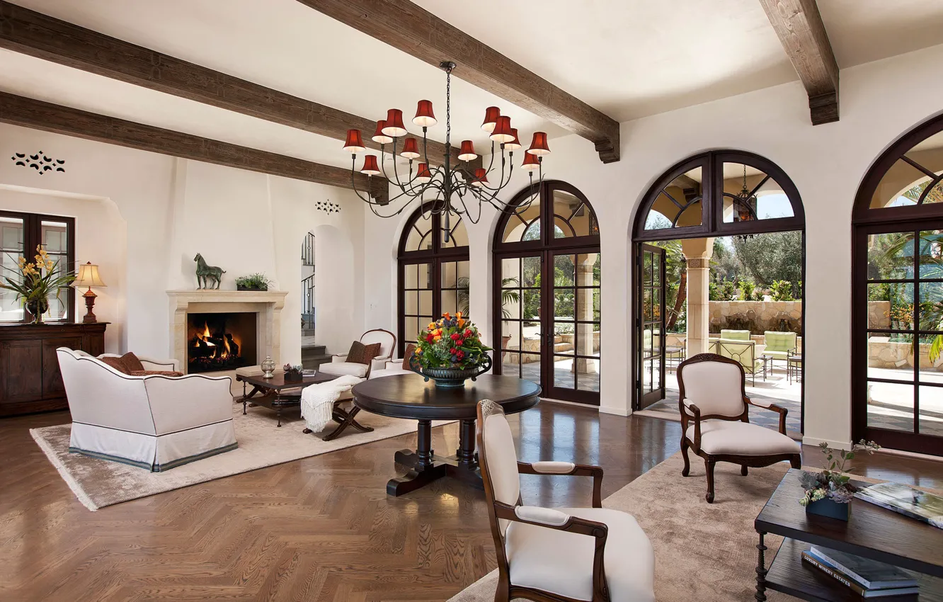Photo wallpaper Villa, interior, fireplace, living room, spanish colonial interior