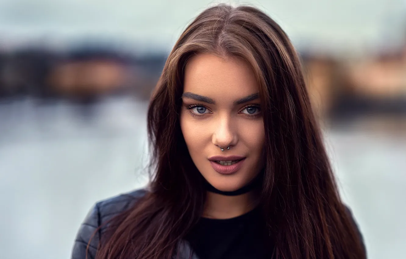 Photo wallpaper look, background, model, portrait, makeup, piercing, hairstyle, brown hair