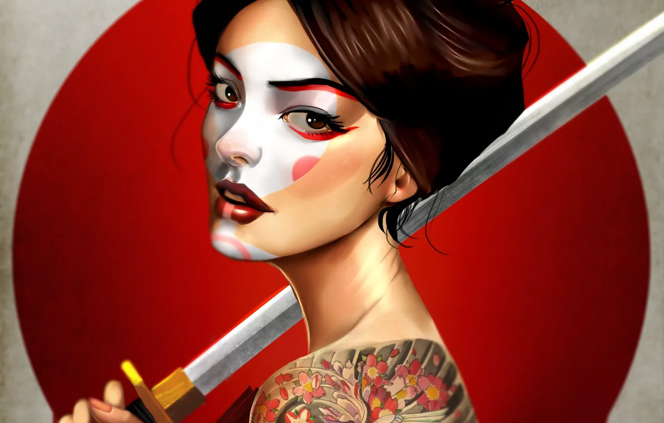 Photo wallpaper look, weapons, hair, body, back, hands, tattoo, art