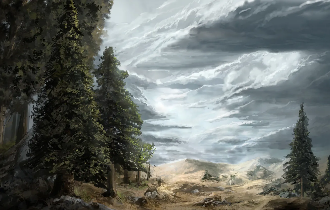 Photo wallpaper the sky, clouds, trees, figure, art