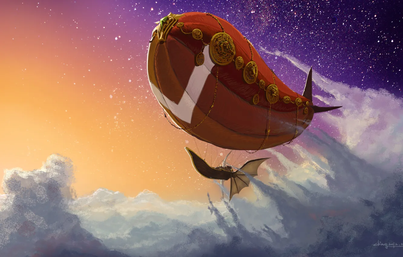 Photo wallpaper clouds, flight, ship, art, the airship, volatile, in the sky