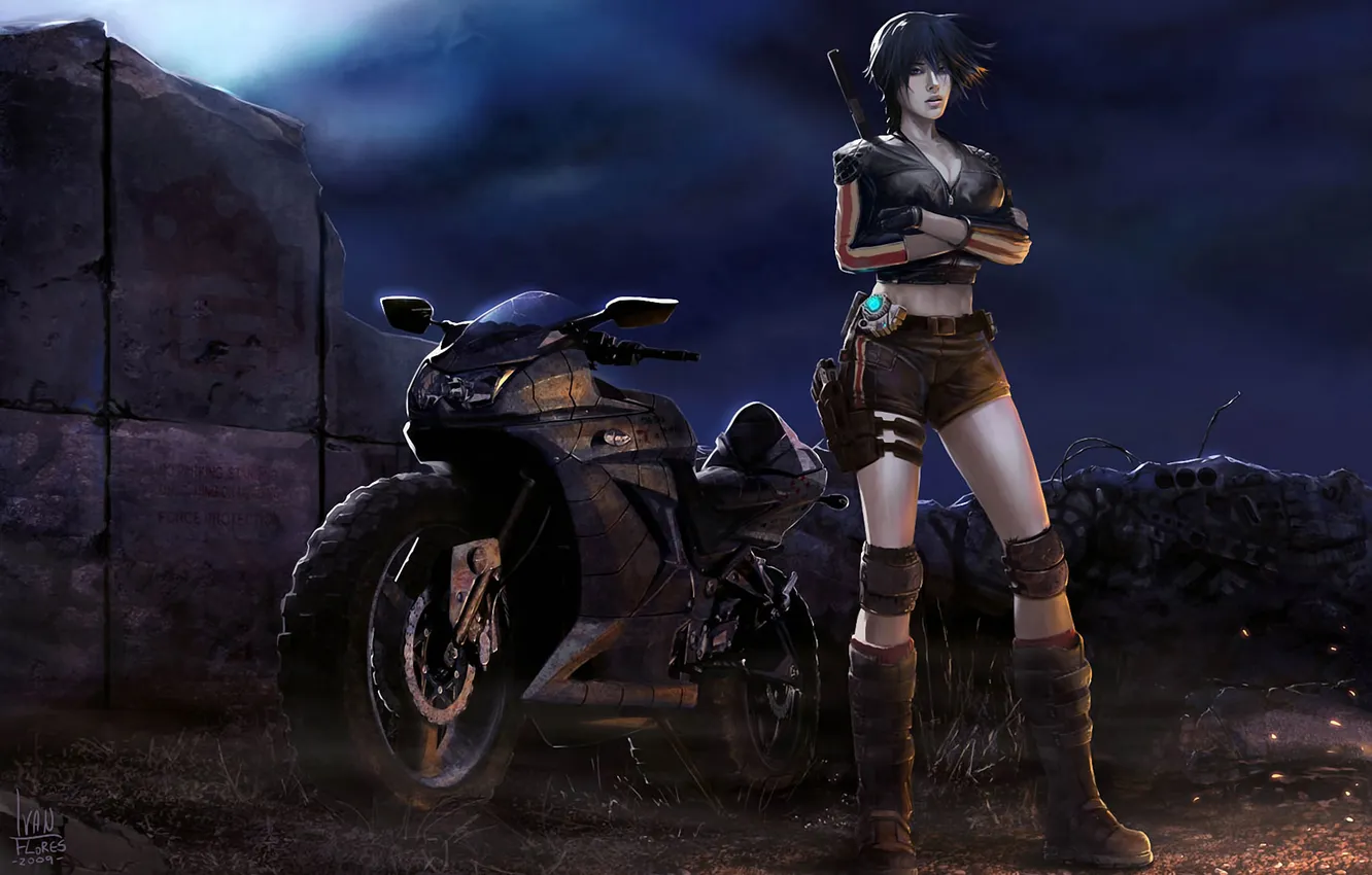 Photo wallpaper girl, light, night, pose, sparks, motorcycle